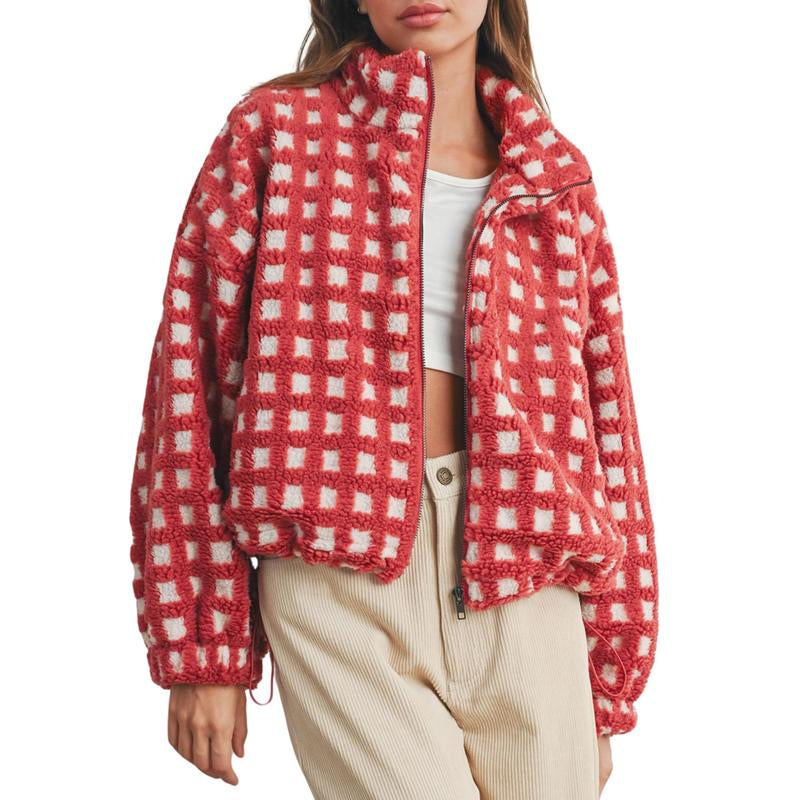 UANEO Women's Cozy Cropped Sherpa Fleece Plaid Jacket - Stylish Long Sleeve Teddy Outerwear for Casual Chic Looks