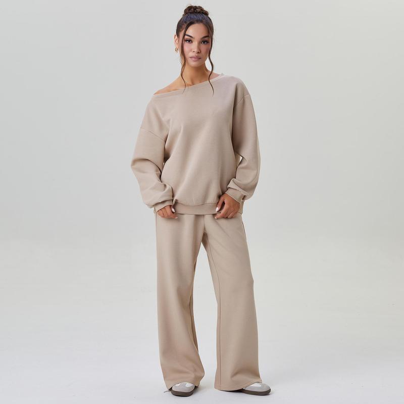 Elevate Your Style with Katch Me Women's Cozy Sloping Shoulder Long Sleeve Top & Wide Leg Trousers Co-Ord Set