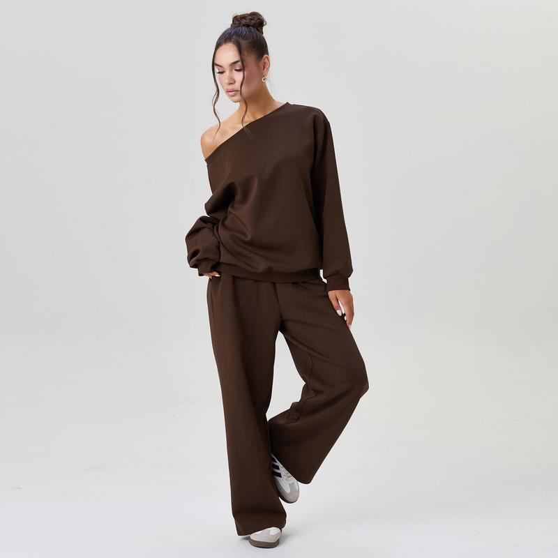 Elevate Your Style with Katch Me Women's Cozy Sloping Shoulder Long Sleeve Top & Wide Leg Trousers Co-Ord Set