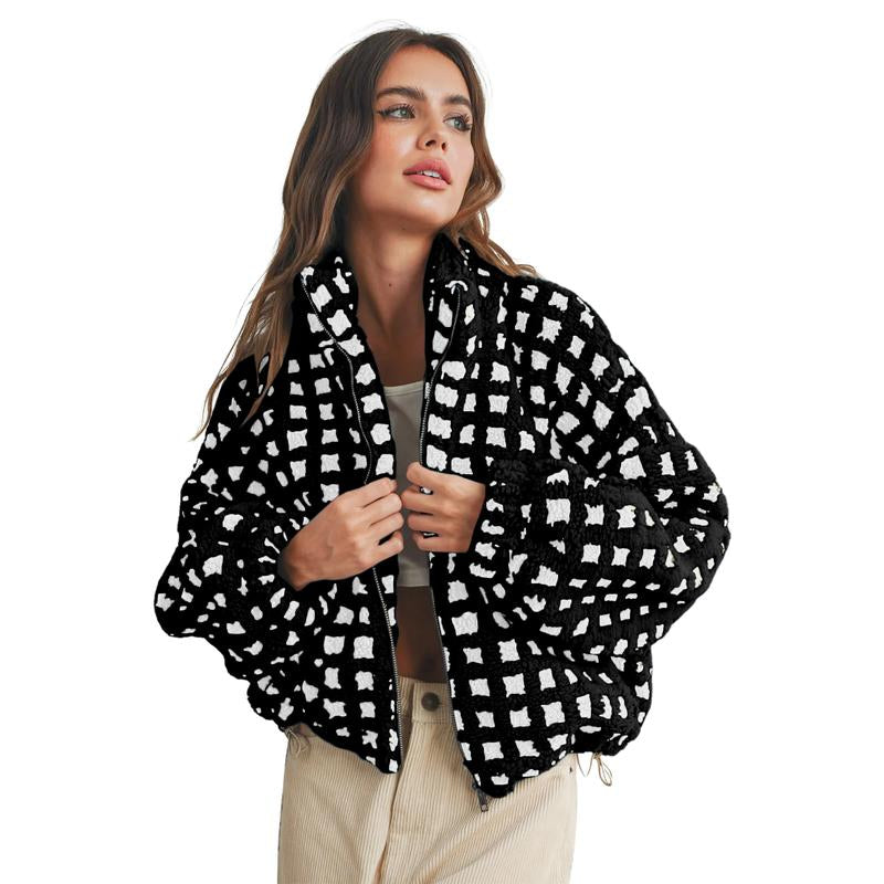 UANEO Women's Cozy Cropped Sherpa Fleece Plaid Jacket - Stylish Long Sleeve Teddy Outerwear for Casual Chic Looks