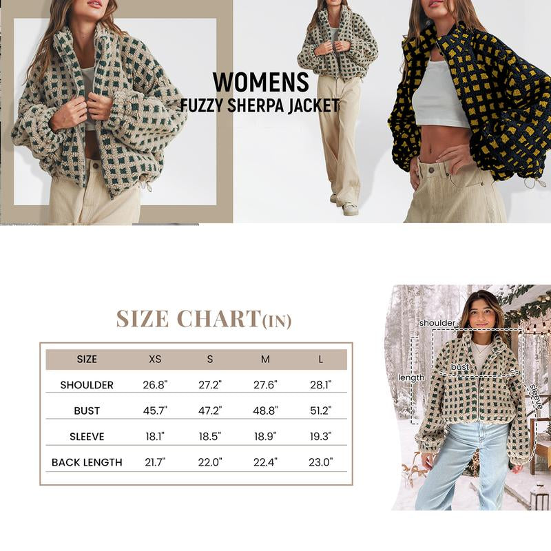 UANEO Women's Cozy Cropped Sherpa Fleece Plaid Jacket - Stylish Long Sleeve Teddy Outerwear for Casual Chic Looks