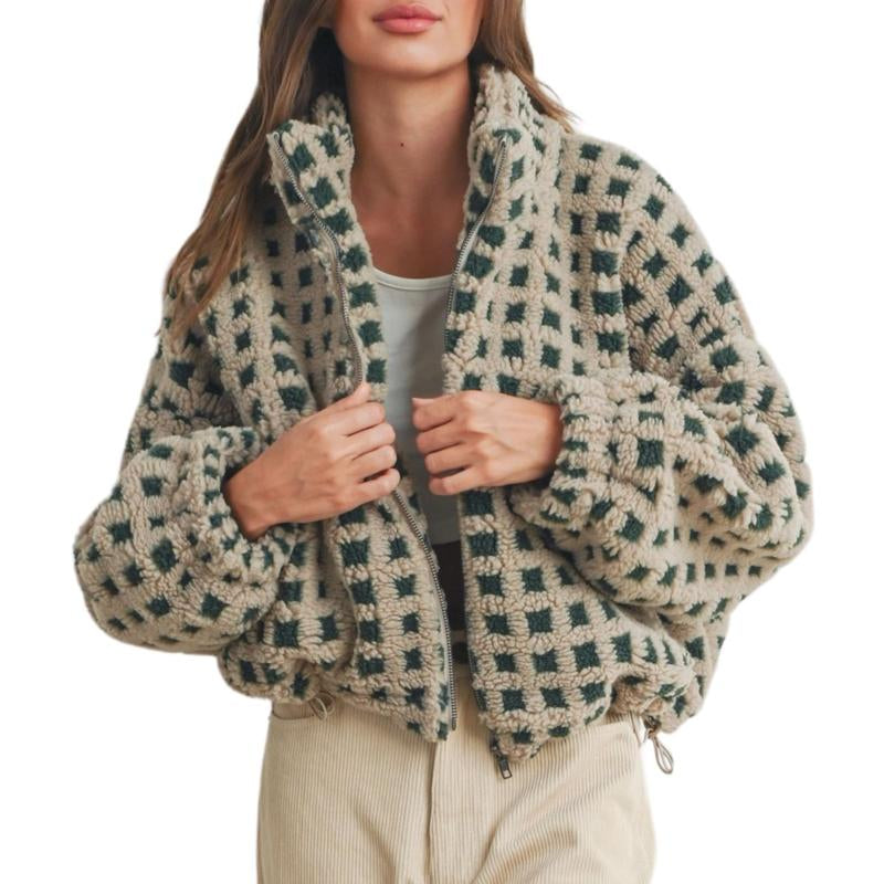 UANEO Women's Cozy Cropped Sherpa Fleece Plaid Jacket - Stylish Long Sleeve Teddy Outerwear for Casual Chic Looks
