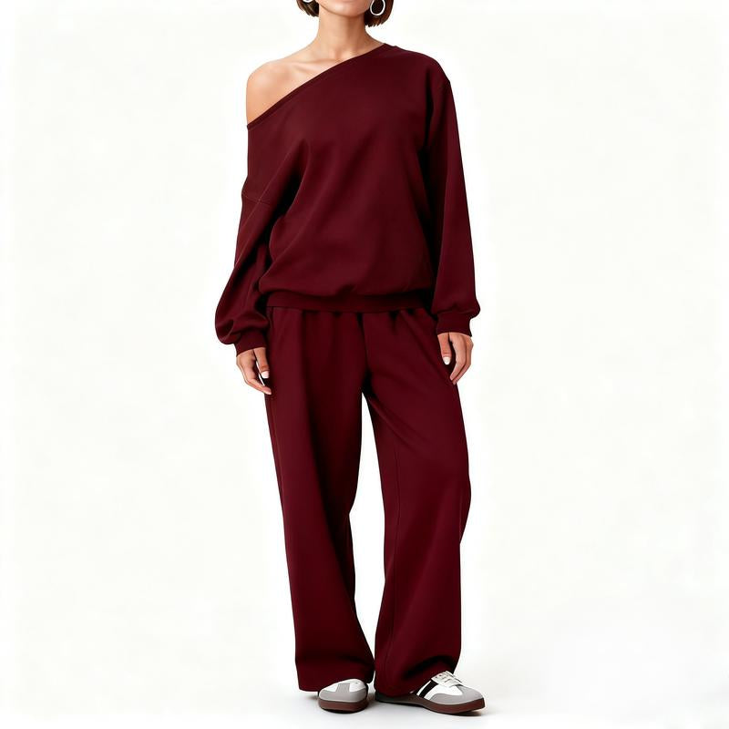 Elevate Your Wardrobe with the ROOSE CLOUD Women's Cozy Sloping Shoulder Top & Wide-Leg Trousers Set