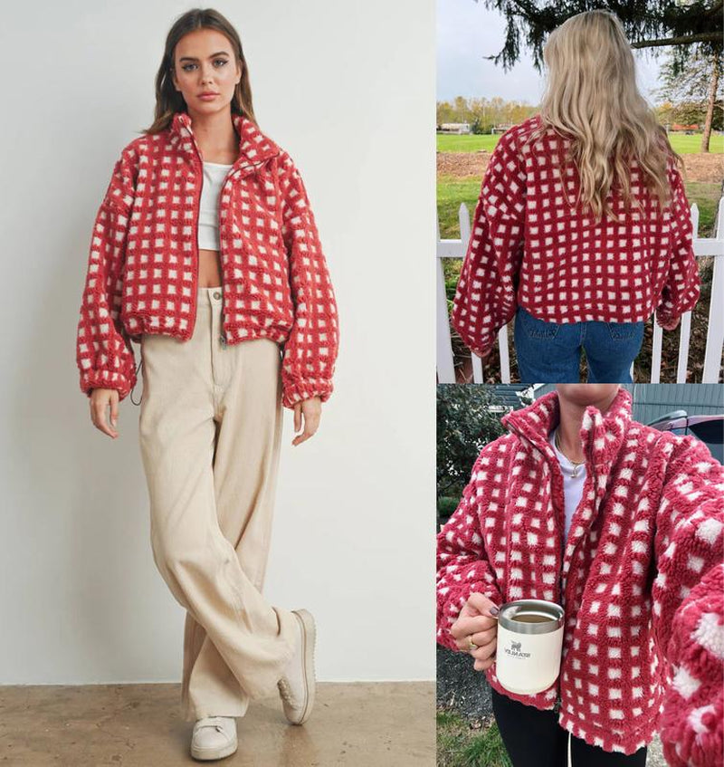 UANEO Women's Cozy Cropped Sherpa Fleece Plaid Jacket - Stylish Long Sleeve Teddy Outerwear for Casual Chic Looks