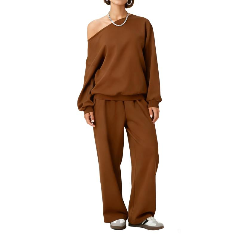 Elevate Your Wardrobe with the ROOSE CLOUD Women's Cozy Sloping Shoulder Top & Wide-Leg Trousers Set