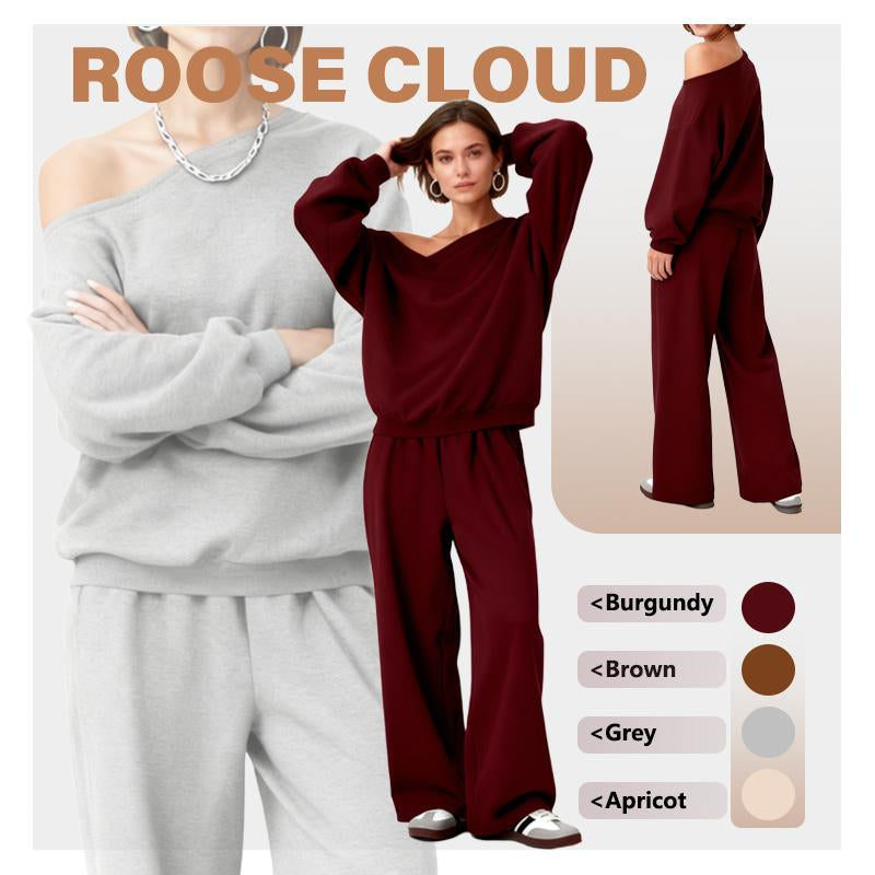 Elevate Your Wardrobe with the ROOSE CLOUD Women's Cozy Sloping Shoulder Top & Wide-Leg Trousers Set