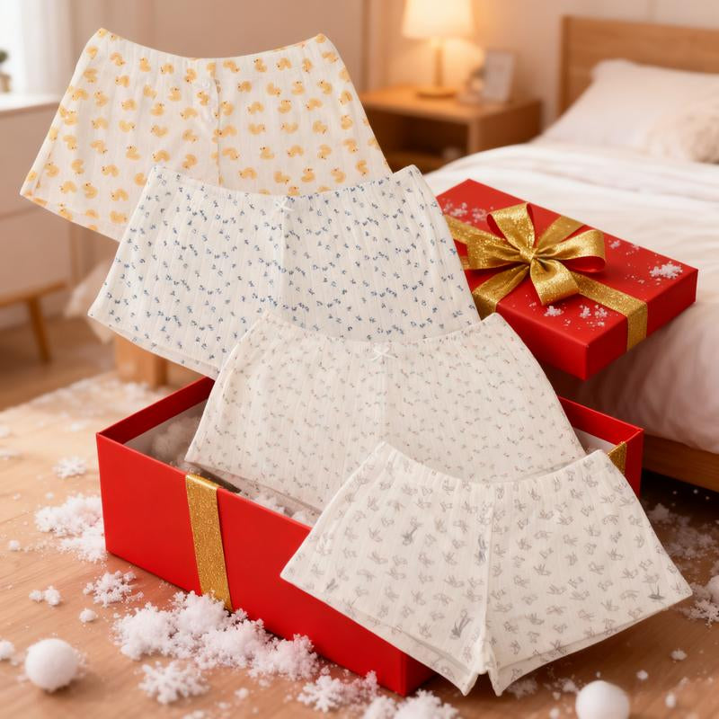 Cozy 4-Piece Holiday Set: Adorable Low Rise Boxer Shorts for Women - Soft PJ Lounge & Sleepwear, Perfect Christmas Gift!