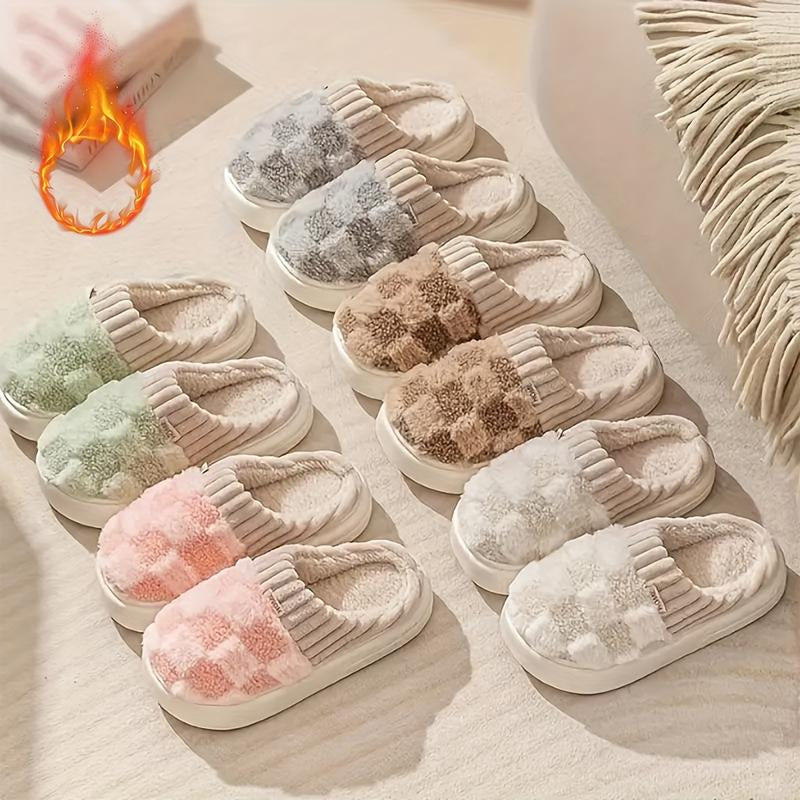 Cozy Cotton Slippers for Women with Plaid Cuff - Warm Fuzzy Fleece Plush Slippers for Ultimate Comfort