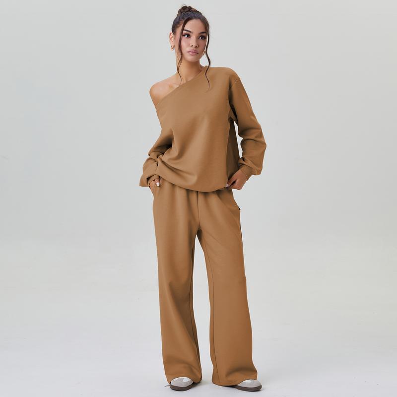 Elevate Your Style with Katch Me Women's Cozy Sloping Shoulder Long Sleeve Top & Wide Leg Trousers Co-Ord Set