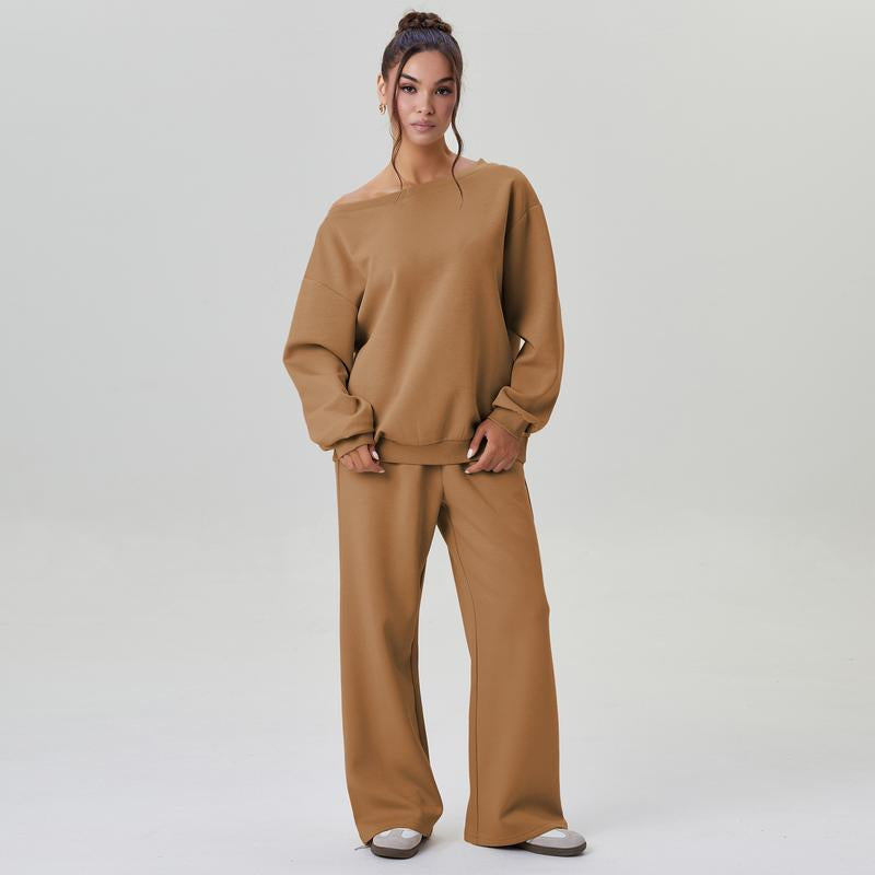 Elevate Your Style with Katch Me Women's Cozy Sloping Shoulder Long Sleeve Top & Wide Leg Trousers Co-Ord Set