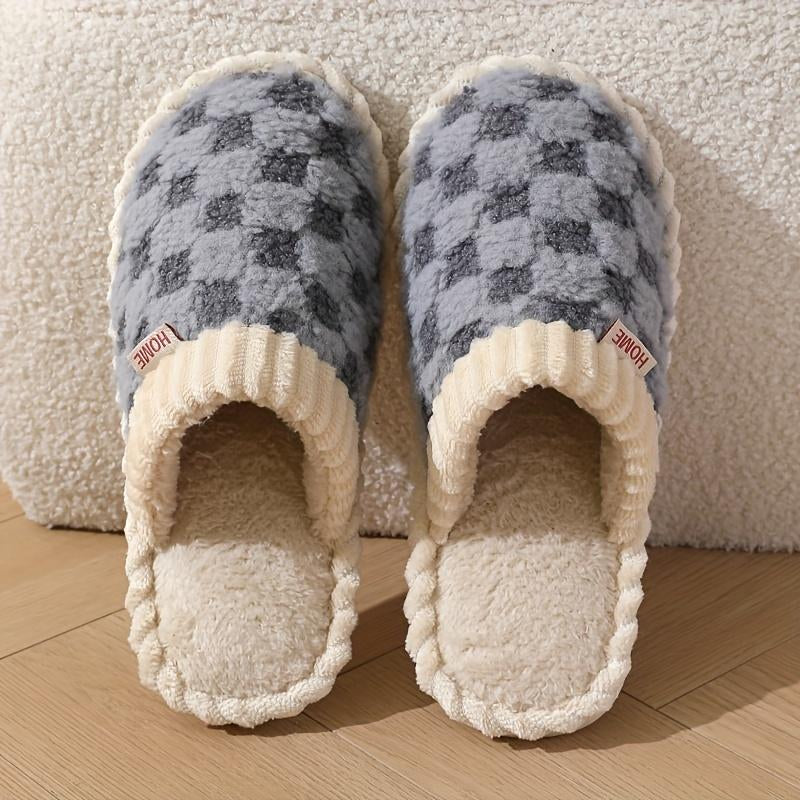 Cozy Cotton Slippers for Women with Plaid Cuff - Warm Fuzzy Fleece Plush Slippers for Ultimate Comfort