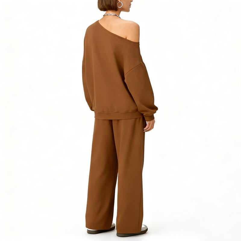 Elevate Your Wardrobe with the ROOSE CLOUD Women's Cozy Sloping Shoulder Top & Wide-Leg Trousers Set