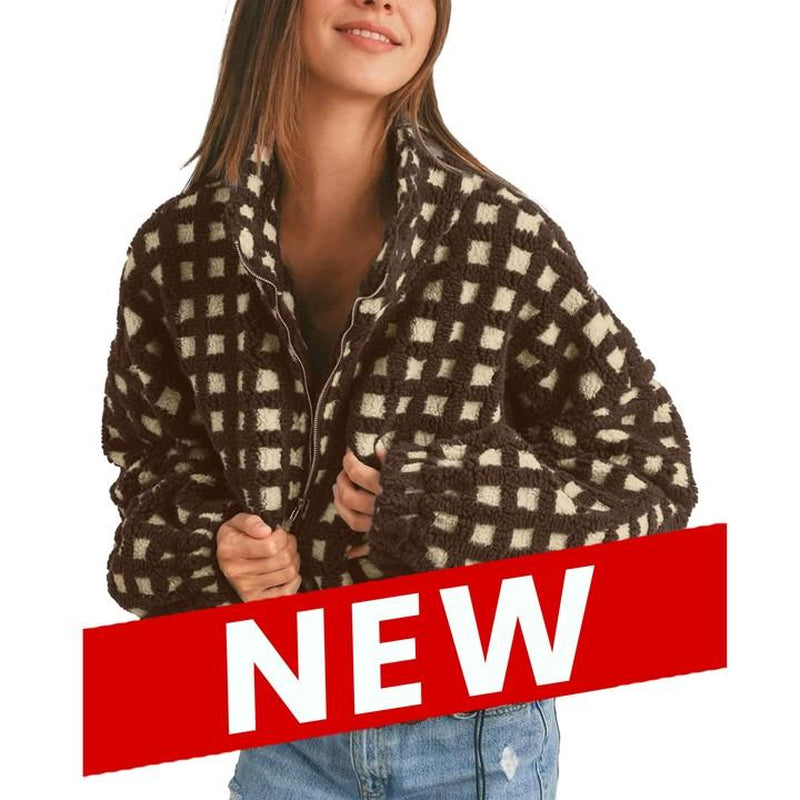 UANEO Women's Cozy Cropped Sherpa Fleece Plaid Jacket - Stylish Long Sleeve Teddy Outerwear for Casual Chic Looks