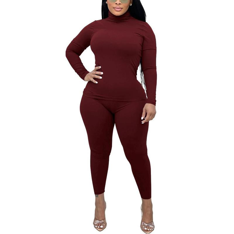 2 Piece Outfits for Women Casual Bodycon Sweat Suits Turtleneck Long Sleeve Tracksuit Lounge Jogger Set