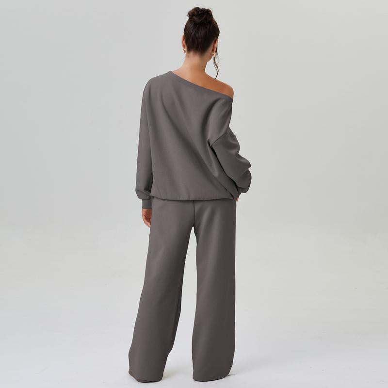 Elevate Your Style with Katch Me Women's Cozy Sloping Shoulder Long Sleeve Top & Wide Leg Trousers Co-Ord Set