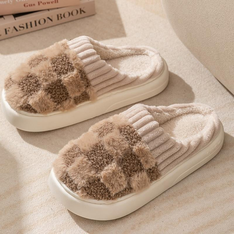 Cozy Cotton Slippers for Women with Plaid Cuff - Warm Fuzzy Fleece Plush Slippers for Ultimate Comfort