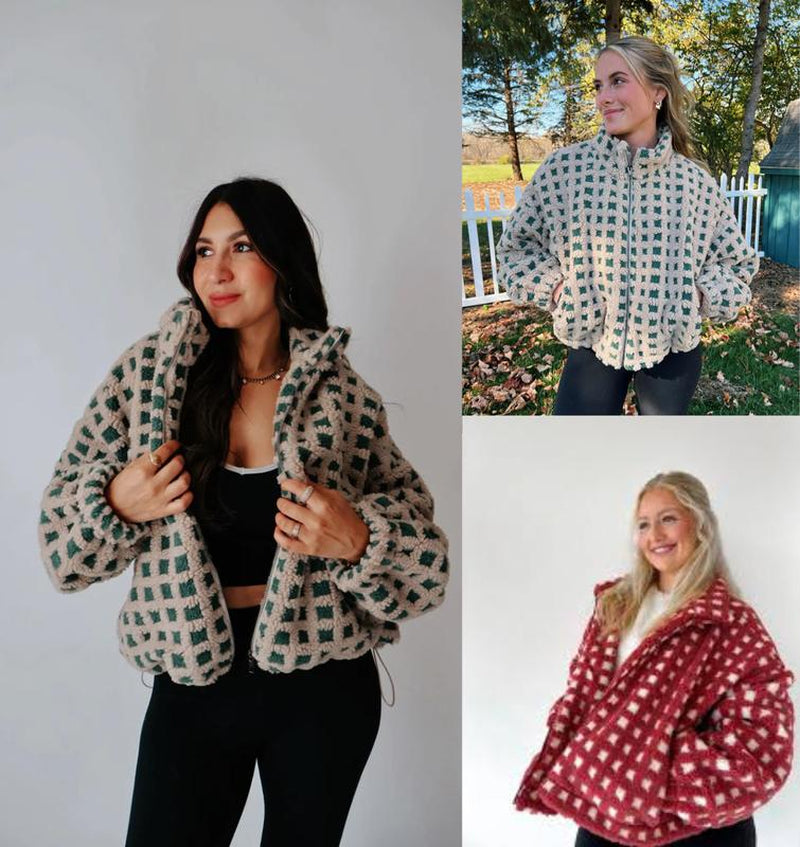 UANEO Women's Cozy Cropped Sherpa Fleece Plaid Jacket - Stylish Long Sleeve Teddy Outerwear for Casual Chic Looks