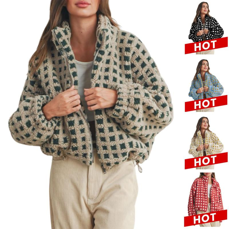 UANEO Women's Cozy Cropped Sherpa Fleece Plaid Jacket - Stylish Long Sleeve Teddy Outerwear for Casual Chic Looks
