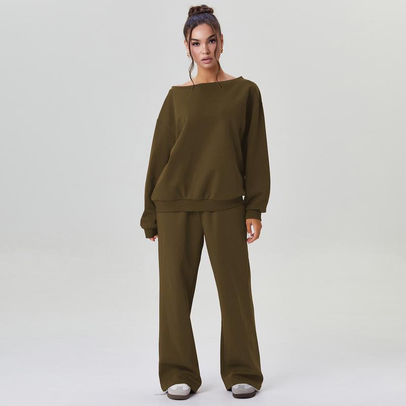 Elevate Your Style with Katch Me Women's Cozy Sloping Shoulder Long Sleeve Top & Wide Leg Trousers Co-Ord Set