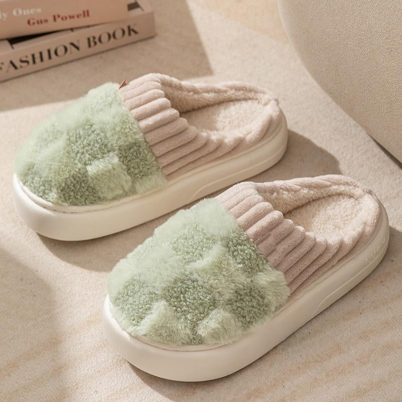 Cozy Cotton Slippers for Women with Plaid Cuff - Warm Fuzzy Fleece Plush Slippers for Ultimate Comfort