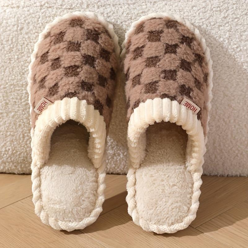 Cozy Cotton Slippers for Women with Plaid Cuff - Warm Fuzzy Fleece Plush Slippers for Ultimate Comfort