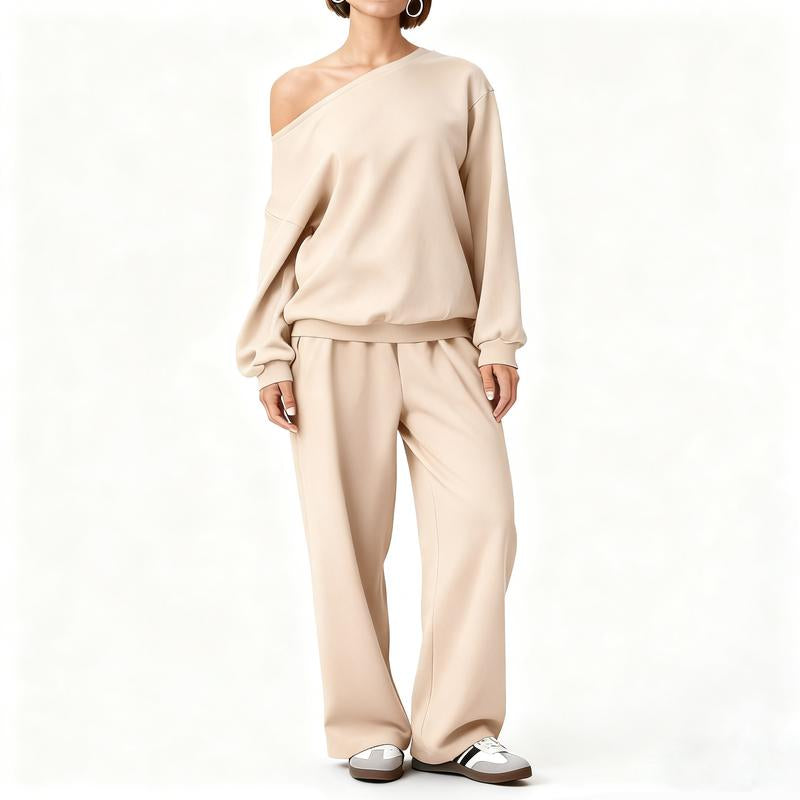 Elevate Your Wardrobe with the ROOSE CLOUD Women's Cozy Sloping Shoulder Top & Wide-Leg Trousers Set