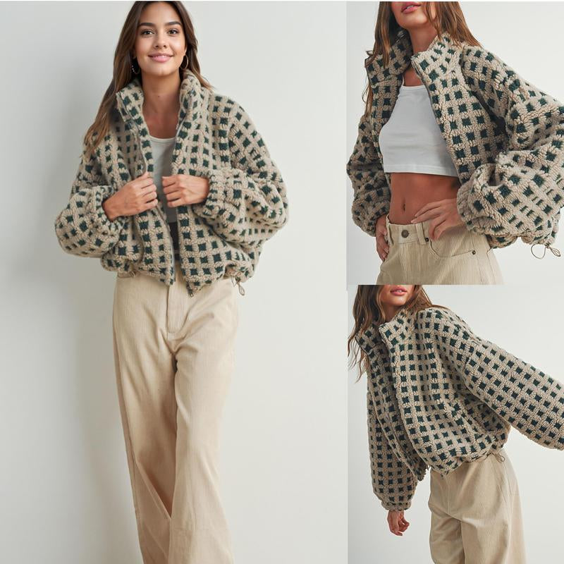 UANEO Women's Cozy Cropped Sherpa Fleece Plaid Jacket - Stylish Long Sleeve Teddy Outerwear for Casual Chic Looks