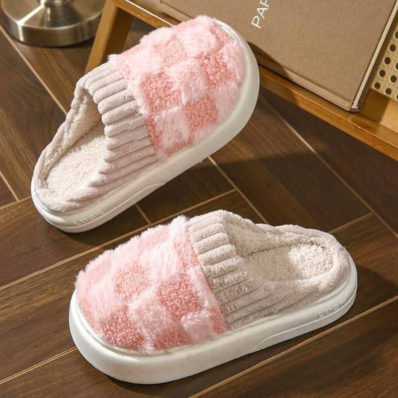Cozy Cotton Slippers for Women with Plaid Cuff - Warm Fuzzy Fleece Plush Slippers for Ultimate Comfort