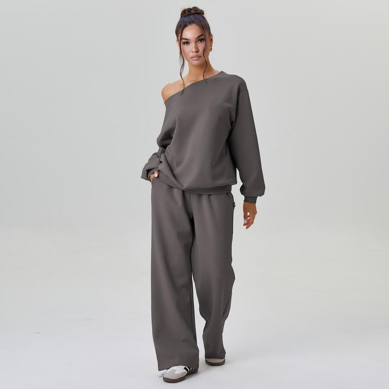 Elevate Your Style with Katch Me Women's Cozy Sloping Shoulder Long Sleeve Top & Wide Leg Trousers Co-Ord Set