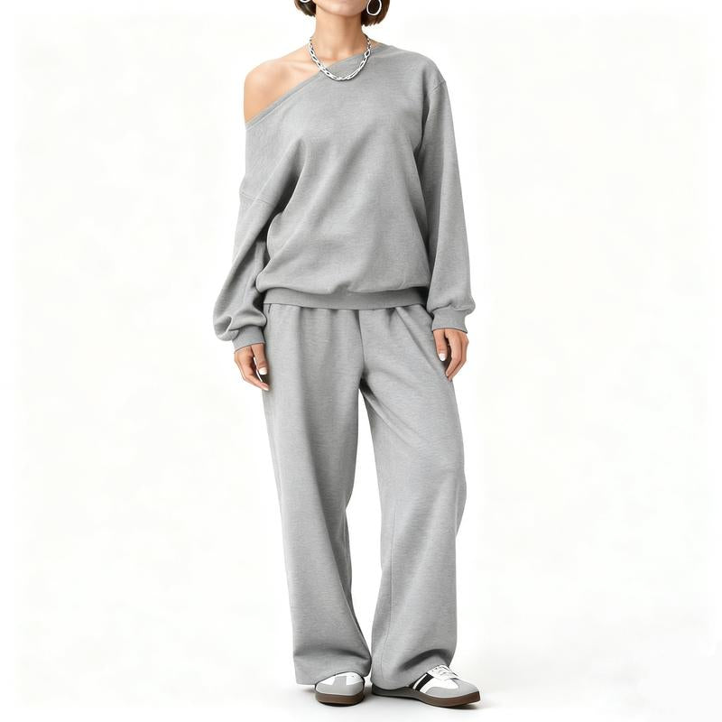 Elevate Your Wardrobe with the ROOSE CLOUD Women's Cozy Sloping Shoulder Top & Wide-Leg Trousers Set