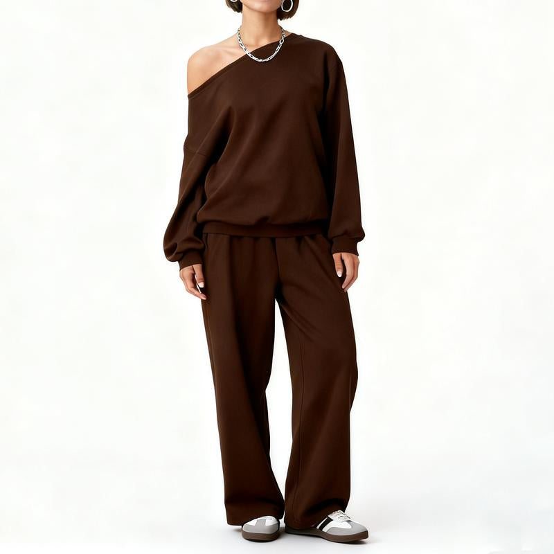Elevate Your Wardrobe with the ROOSE CLOUD Women's Cozy Sloping Shoulder Top & Wide-Leg Trousers Set