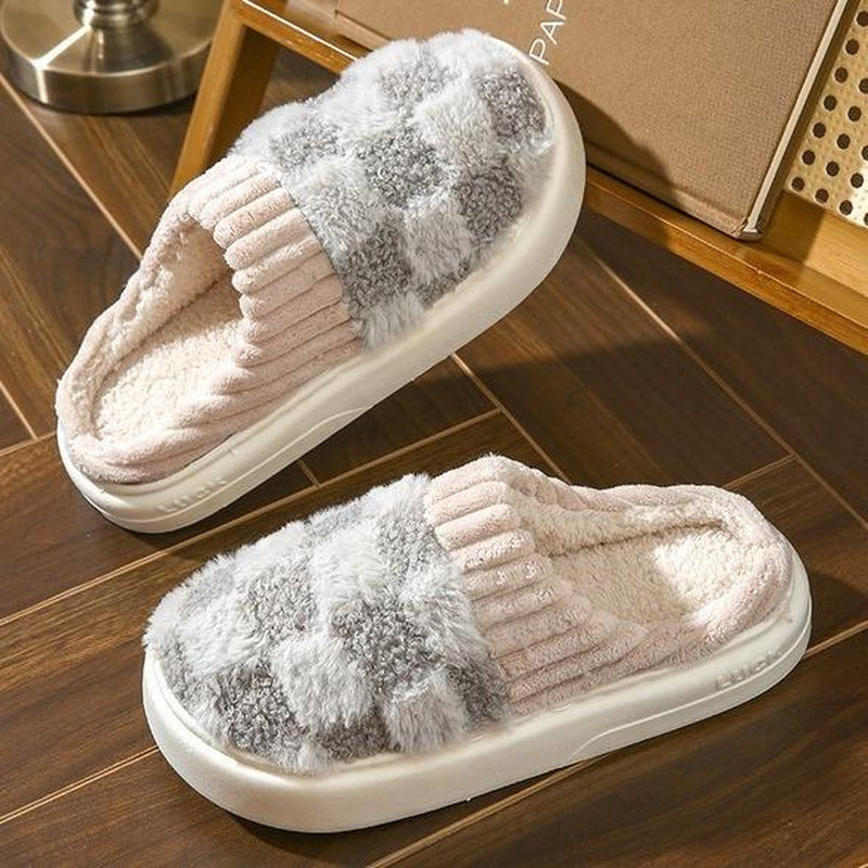 Cozy Cotton Slippers for Women with Plaid Cuff - Warm Fuzzy Fleece Plush Slippers for Ultimate Comfort