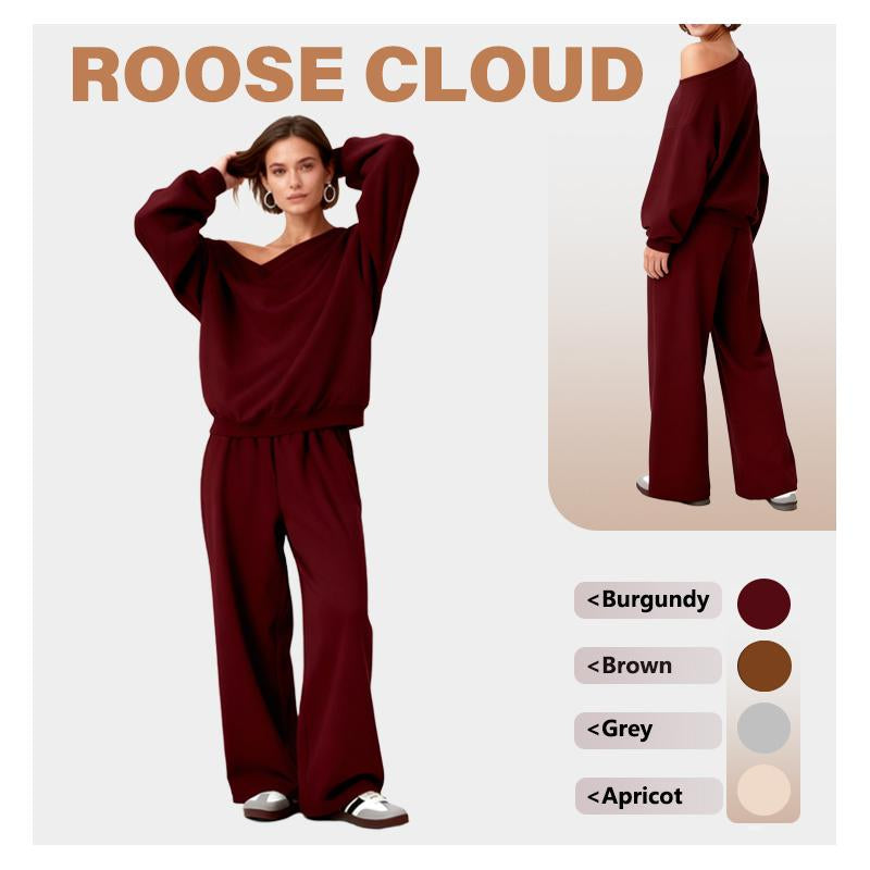 Elevate Your Wardrobe with the ROOSE CLOUD Women's Cozy Sloping Shoulder Top & Wide-Leg Trousers Set