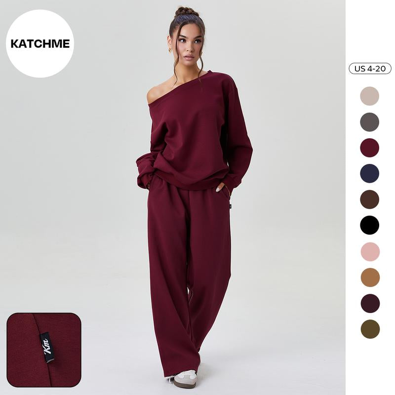 Elevate Your Style with Katch Me Women's Cozy Sloping Shoulder Long Sleeve Top & Wide Leg Trousers Co-Ord Set