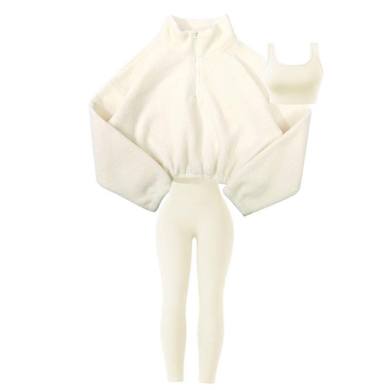 Cozy Amoyer 3-Piece Tracksuit Set for Women - Fleece-Lined Zip Jacket, Stylish Top & High-Waist Pants for Ultimate Winter Comfort and Active Lifestyle