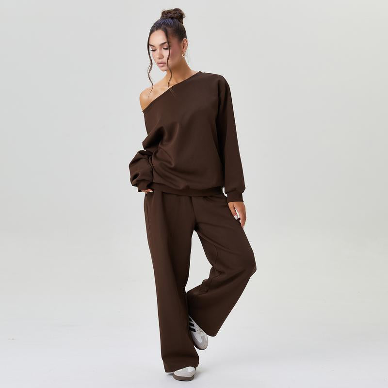 Elevate Your Style with Katch Me Women's Cozy Sloping Shoulder Long Sleeve Top & Wide Leg Trousers Co-Ord Set