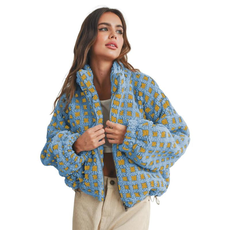 UANEO Women's Cozy Cropped Sherpa Fleece Plaid Jacket - Stylish Long Sleeve Teddy Outerwear for Casual Chic Looks