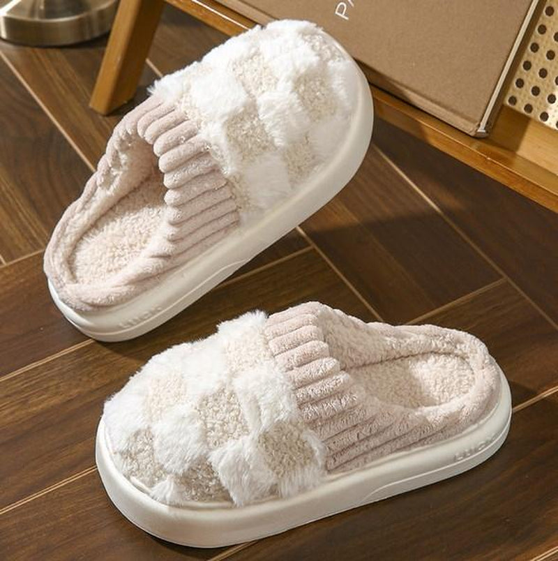 Cozy Cotton Slippers for Women with Plaid Cuff - Warm Fuzzy Fleece Plush Slippers for Ultimate Comfort