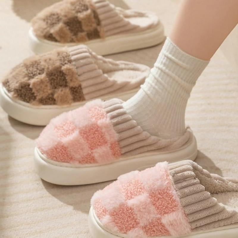 Cozy Cotton Slippers for Women with Plaid Cuff - Warm Fuzzy Fleece Plush Slippers for Ultimate Comfort