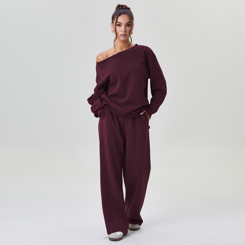 Elevate Your Style with Katch Me Women's Cozy Sloping Shoulder Long Sleeve Top & Wide Leg Trousers Co-Ord Set