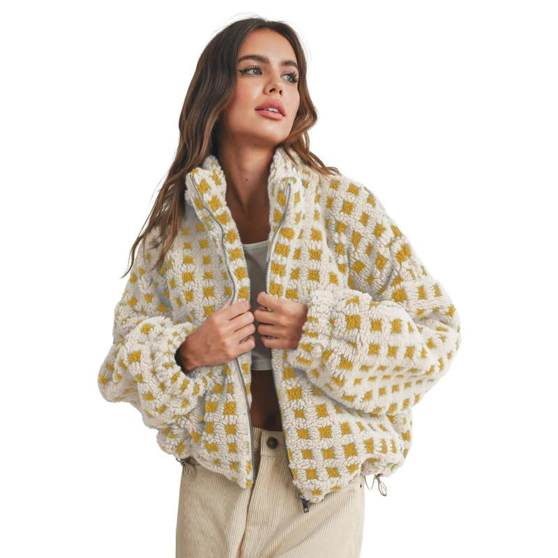 UANEO Women's Cozy Cropped Sherpa Fleece Plaid Jacket - Stylish Long Sleeve Teddy Outerwear for Casual Chic Looks