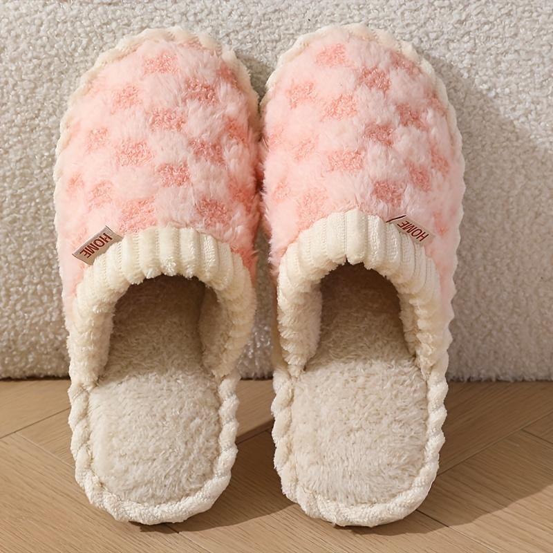 Cozy Cotton Slippers for Women with Plaid Cuff - Warm Fuzzy Fleece Plush Slippers for Ultimate Comfort