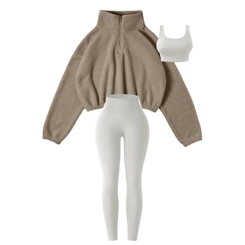 Cozy Amoyer 3-Piece Tracksuit Set for Women - Fleece-Lined Zip Jacket, Stylish Top & High-Waist Pants for Ultimate Winter Comfort and Active Lifestyle